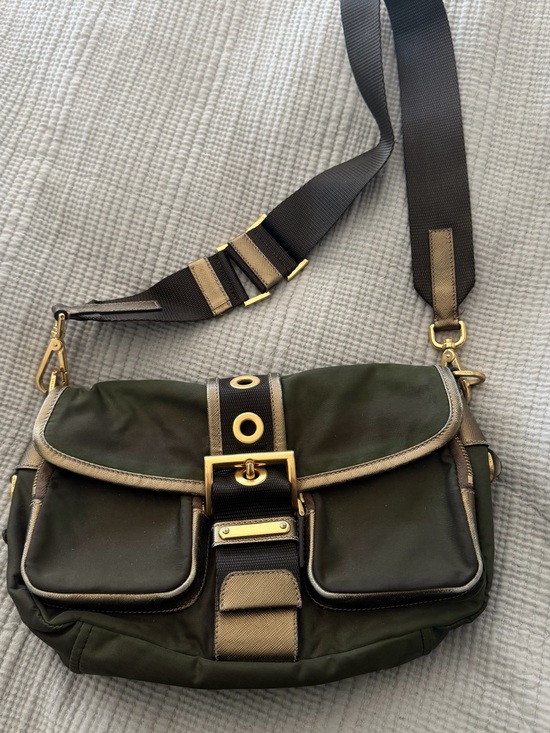 Prada Handbags - Prada Olive Green Nylon Crossbody with Gold Hardware
